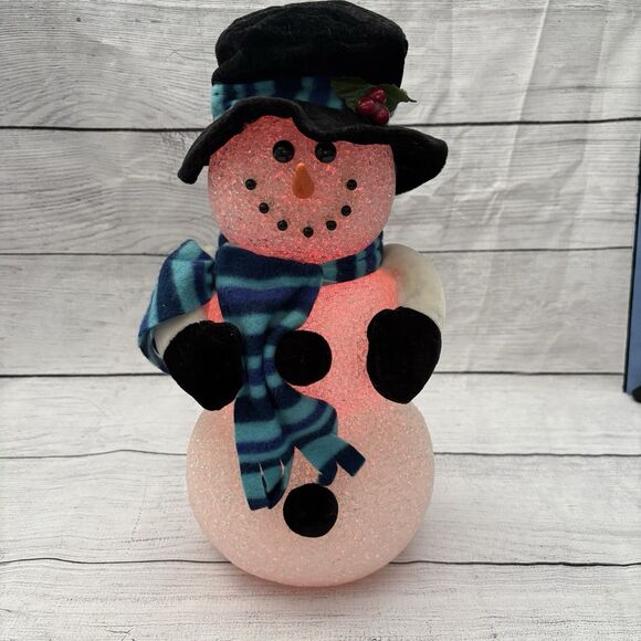 Melted Plastic Popcorn Snowman Lights Up 15” Black Hat Blue Scarf Battery Op - Picture 1 of 7